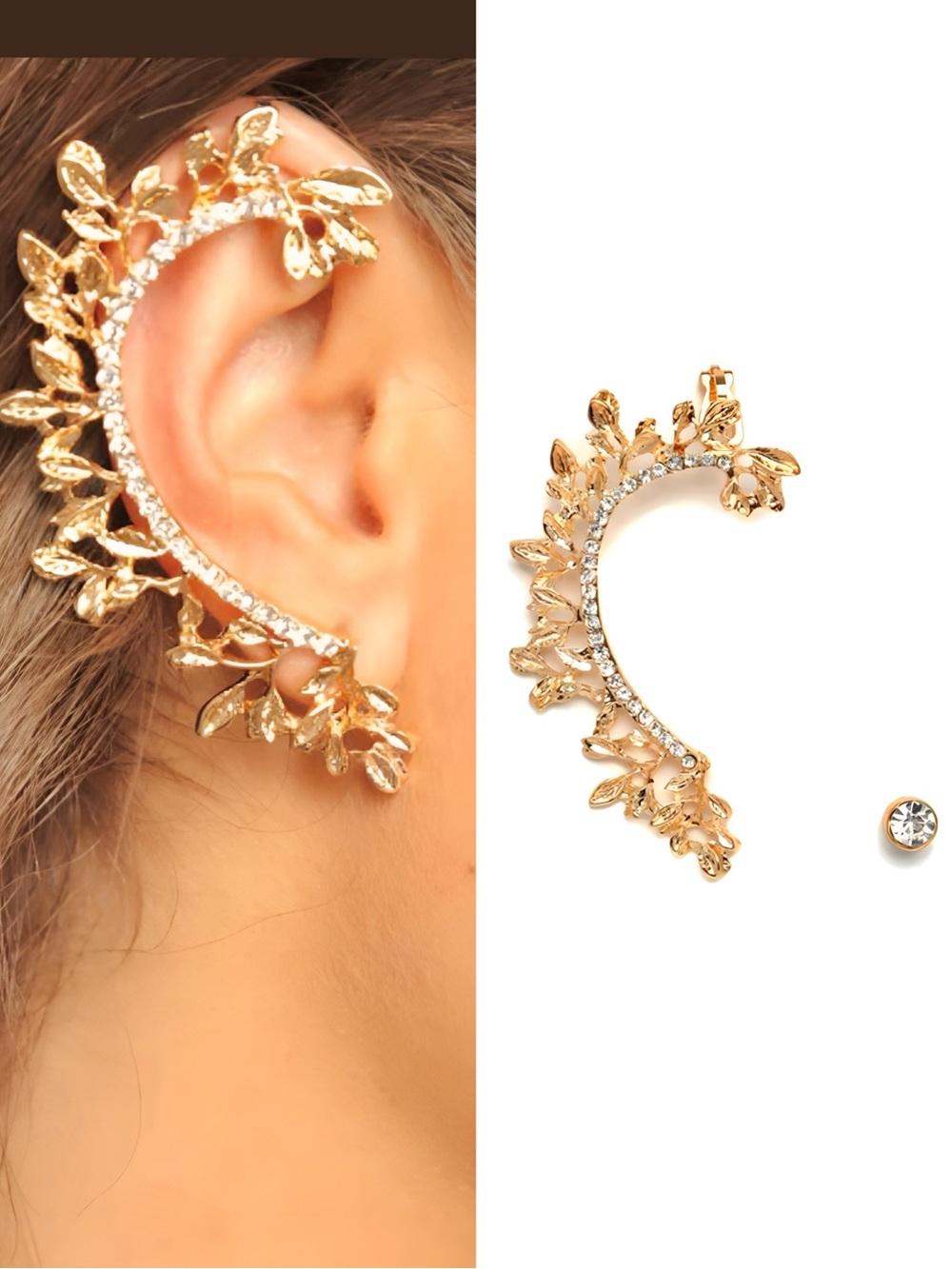 Fashion Nova Gold Leaf Crystal Ear Cuff Set